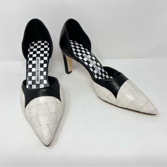 RARE Manolo Blahnik Patchwork High Heels Pumps Black White Pointed Toe 37 7 - Picture 1 of 12